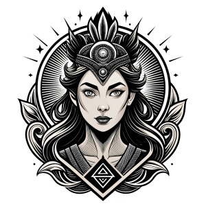 Saga, The Seer - Nordic Goddess of Sagas & Myths perfect realistic art, high-definition grey and black, white background tattoo design