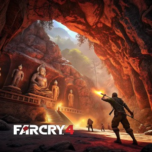 A dynamic 3D art scene from Far Cry 4 featuring a grand cave adorned with intricate stone statues. Battle royale action unfolds with intense lighting casting dramatic shadows. Warm hues dominate the palette with rich browns and fiery reds. Far Cry 4 logo prominently displayed.