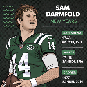 Cartoon portrait of Sam Darnold. Wearing a New York Jets jersey. Dark background, detailed stats on career highlights. NFL Comeback Player of the Year award
