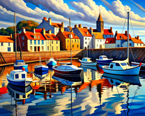 St Monans harbour in Fife with boats,style of Mandy Budan,acrylic painting,wide angle