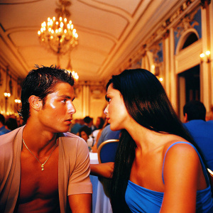 Cristiano Ronaldo, with dark hair and gold necklace, and Irina Shayk, with long black hair, are seated at a lavish indoor gala. They're surrounded by opulent decor and an array of high-profile guests.