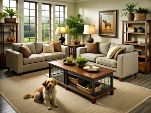 Design a pet-friendly living room with durable, easy-to-clean furniture, a designated pet corner, and stylish pet accessories.