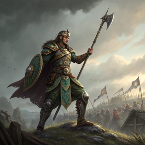 Digital art of Erlang Shen from Smite game, standing victorious in a battlefield.