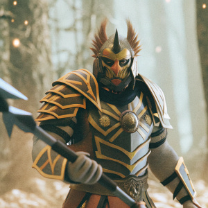 Zandalari Troll warrior in fiery golden armor, standing in a dark, mystical realm. Background features swirling shadows and ethereal light