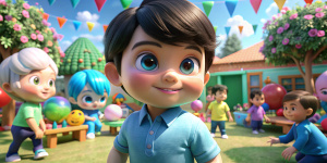 Un niño pequeño, ojos verdes, pelo negro, camiseta celestes. jugando en el Jardín de infantes junto a otros niños. Disney Pixar 3D