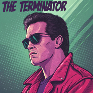 Stylized comic book cover. Arnold Schwarzenegger as The Terminator. Dark hair, determined stance, serious expression. Wears vibrant red jacket and sunglasses. Vibrant color palette: green, purple. Pixelated background. 'THE TERMINATOR' in bold, blocky letters at top.