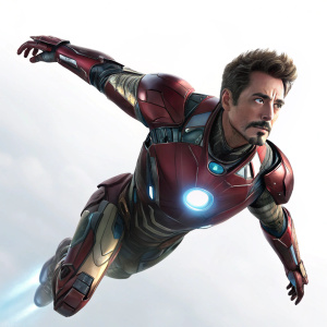 Advanced 3D digital rendering of Tony Stark, aka Iron Man, from Marvel. Posed mid-flight. Futuristic tech suit with glowing arc reactor