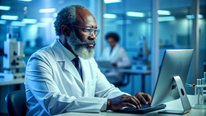  African American pharmaceutical scientist using computer while working on new research in laboratory.