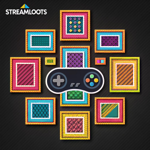 Vector graphic illustration. Streamloots logo featured prominently at the top left corner. Digital art showcasing vibrant, retro-style pixel designs in a game-themed layout. Colorful, textured frames arranged in a mosaic pattern on a black background.