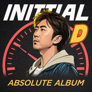 Promotional poster for 'Initial D Absolute Album'. Stylized portrait of Keisuke Takahashi. Dark background, vibrant color palette, gauge-like design elements. Text in Japanese and English