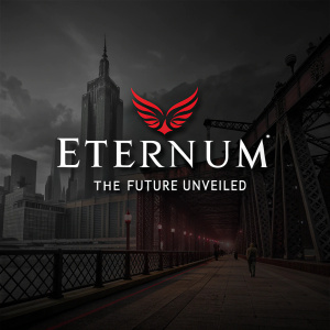 Digital artwork featuring the logo of a fictional company named 'Eternum'. Dark, moody color palette with shades of black, red, and metallic grey. Text reads 'Eternum - The Future Unveiled'.