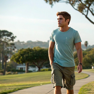 Zac Efron walking through a suburban park. Wearing a light blue t-shirt and cargo shorts. No helmet, scenic background.