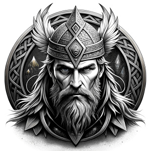 walhalla, viking warrior,  runics face, black work, white backrounds