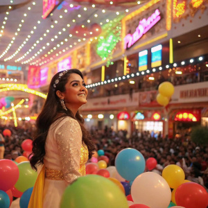 Keerthi Suresh at the Happi Mobiles grand celebration. Crowded event space with vibrant decorations. Colorful balloons, festive lights, and promotional banners.