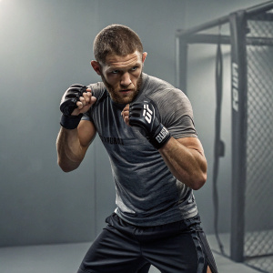 UFC fighter in a gym, intense stare, workout clothes, gray background, promotional photo