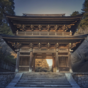 A serene photo of the Koyasan Daimon Gate. An iconic Japanese temple entrance, featuring a multilevel design with a gracefully curved roof and intricate carvings in rich brown wood. Nestled in a verdant landscape, it stands upon stone steps.