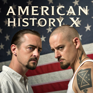 Promotional image for 'American History X'. Caucasian men, one with tattoos, stern faces. American flag background. Title 'AMERICAN HISTORY X' prominently displayed.