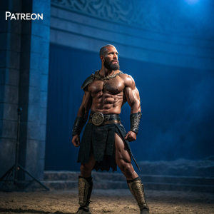Muscular gladiator beast in epic pose. Dark blue backdrop with Patreon logo and fantasy content ad.