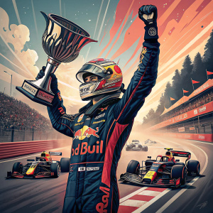 Max Verstappen, in victory pose with Formula 1 trophy. Bold graphic illustration, dynamic racing scene. Vibrant colors and sense of motion.