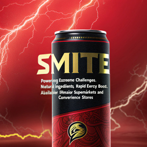 Eye-catching promotional ad for SMITE energy drink. Vibrant red background pulsating with dynamic visuals,彰显能量与力量。文字说明：SMITE，助力极限挑战。成分天然，迅速补充能量。遍布各大超市及便利店。设计简洁的罐体，配以鲜明的logo和标语。