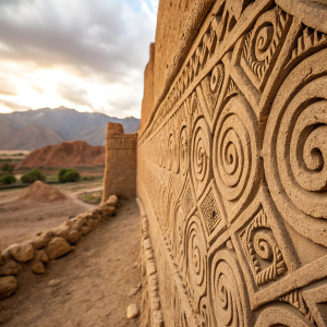 High-definition macro shot of an ancient clay wall. Intricate patterns carved into the surface, swirling designs. Warm, earthy tones dominate the background.