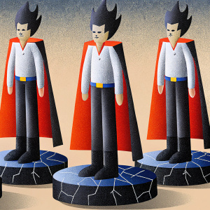 3D digital art of Tetsuo from 'Akira'. Multiple figurines in various stages of his transformation. Black spiky hair, red cape, white shirt, dark grey pants, black boots. Figurines on round bases with cracks, determined face.