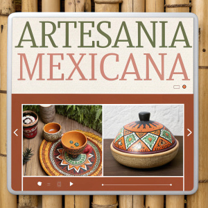 Website screenshot showcasing Artesanía Mexicana. Modern design with grid layout. Warm earthy tones, rustic bamboo background. Spanish text. Artisanal Mexican crafts prominently featured.