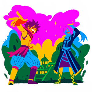 Anime illustration of Fairy Tail characters, dynamic poses, vivid colors. Pink, blue, red, and orange hues dominate the scene. The background is a bustling town with magical elements.