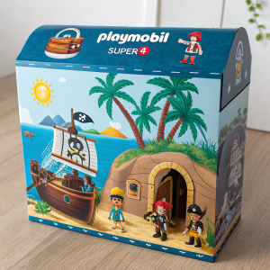 Packaging of a Playmobil Super 4 pirate set. Mainly blue with figures of pirates, ship, palm trees, and cave. Playmobil logo at the top. Designed to captivate kids' imagination.