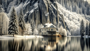 you see a small old hotel, which stands directly on the shore of a lake. behind the house is a wintry forest. high rock faces rise above the forest