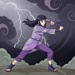 Hinata Hyuga, in a striking combat pose. Purple outfit with intricate swirl patterns. Set against a digital backdrop of swirling dark clouds and lightning. Her determined expression stands out.