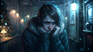 A person with an anguished, extremely sad expression in the foreground. They are in a cold, dark room with some decoration, creating an exaggerated atmosphere of sadness and despair.