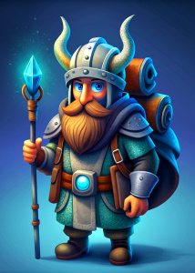 A viking-like character with a large helmet, armor, and a backpack full of gears and gadgets. He is holding a staff and has a blue background.