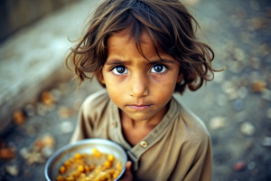 Hungry, starving, poor little child looking at the camera