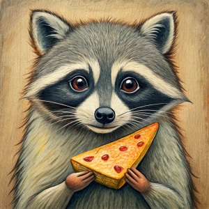 
raccoon eats pizza