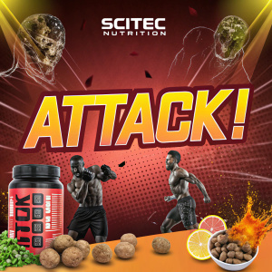 Eye-catching poster for Scitec Nutrition's 'ATTACK!' product. Vibrant colors and bold text highlight the powerful ingredients and benefits.