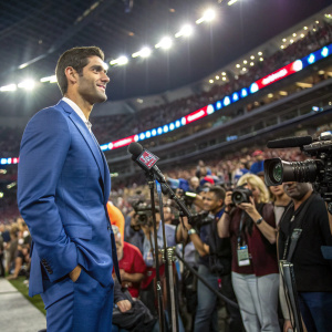 Jimmy Garoppolo, quarterback, at a packed arena. He's dressed in a blue suit for a post-game press conference.