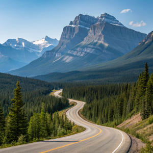 A winding road in Banff National Park, Alberta, Canada. Lush green forests, towering mountains, and clear blue skies above.
