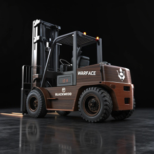 High-tech 3D rendering of Warface's Blackwood forklift, dark brown and robust. Against sleek black backdrop, focusing on mechanical features. Warface brand logo prominently displayed.
