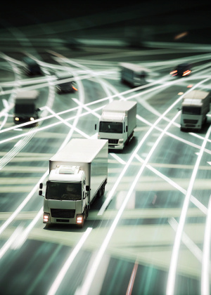 a lot of trucks on the road with white-blue LED lines inside along which light flows, as if they were neural connections. in a field On a black background