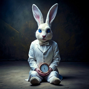 dark background  on the ground white rabit blue eyes
in a costume and a big clock 