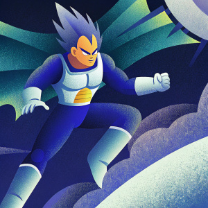 3D render of Majin Vegeta from Dragon Ball Z. Muscular build, intense gaze, blue outfit with white accents. Dynamic action pose against dark background.