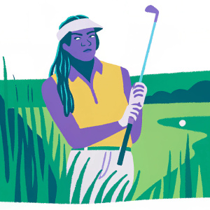 Danielle Kang, the professional golfer, posing with intense focus on a lush golf course. She wears a white visor, bright orange Adidas shirt, and white golf pants. Her long hair is straight. She holds a golf club with determination.