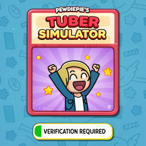 Screenshot from app store featuring 'PewDiePie's Tuber Simulator'. Cartoon illustration of joyful character. Pop-up alert 'Verification Required' at bottom of screen.