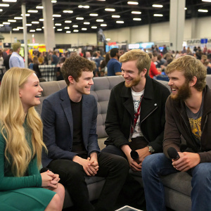 Danika Yarosh, Robbie Kay, Gatlin Green, Henry Zebrowski, and Rya Kihlstedt during a casual conversation at a packed convention hall. Crowd visible in the background.