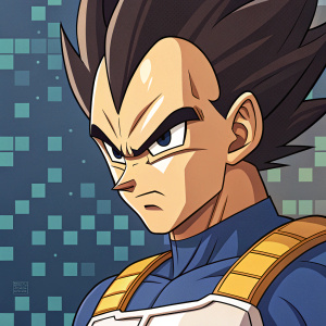 Close-up of Vegeta from Dragon Ball, intense expression. Pixelated background, digital art style