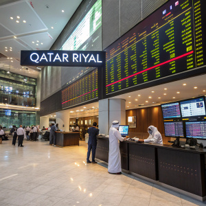 Digital display showing exchange rates for Qatar Riyal against major currencies. Modern financial market setting.