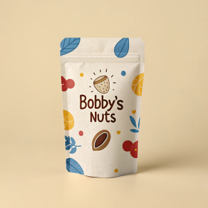 Minimalist packaging design for Bobby's Nuts. Creamy background with pops of color - blue, red, and yellow. Silhouette of a cartoon nut. Clear, bold font for brand name.