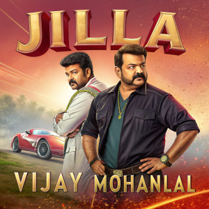 Vijay and Mohanlal, actors from Jilla, pose for a promotional shoot. A colorful and dynamic film poster background featuring the movie's title and cast.