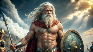  Diomedes, el rey de Argos, se enfrenta a dioses y hombres para pelear. Diomedes: Héroe mítico griego, Foto realista,RealVisXl, De cuerpo entero imponente y agresivo, pelo largo ondulado blanco, gran barba, ojos azules, sin camisa, su escudo y espada sosteniendo en la mano, con capa roja, Hiperrealista,4k , perfección en su rostro, rasgo faciales griego, Musculoso, Fuerte, fondo tormentoso.